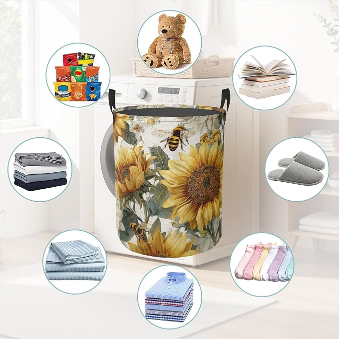 Laundry Hamper Foldable Oxford Cloth Sunflower Bee Laundry Basket With Handle Portable Clothes Storage Organizer Basket Storage Bag For Laundry Room/Bedroom/Bathroom