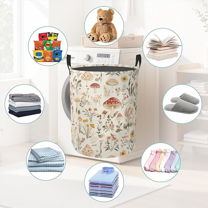 Mushroom Round Laundry Hamper Storage Basket Toys Clothes Organizer Bin For Home Bathroom Bedroom Dorm Nursery