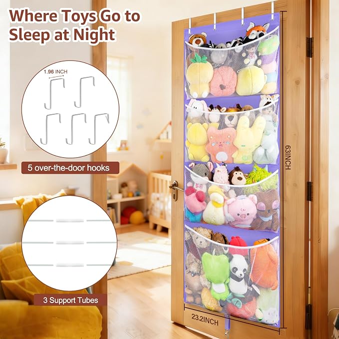 Over Door Stuffed Animal Storage, Hanging Plush Toy Organizer Holder | Behind Door Organizer with 4 Large Pockets, Mesh Hammock Bag for Doll & Bear Stuffies, Idea for Girl Boy Kid Nursery Closet
