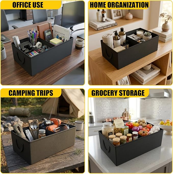 PU Leather Storage Box with Lid and Divider | Large Foldable Organizer with Non-Slip Bottom and Side Handles Waterproof Storage Basket Universal Car Trunk Storage Box