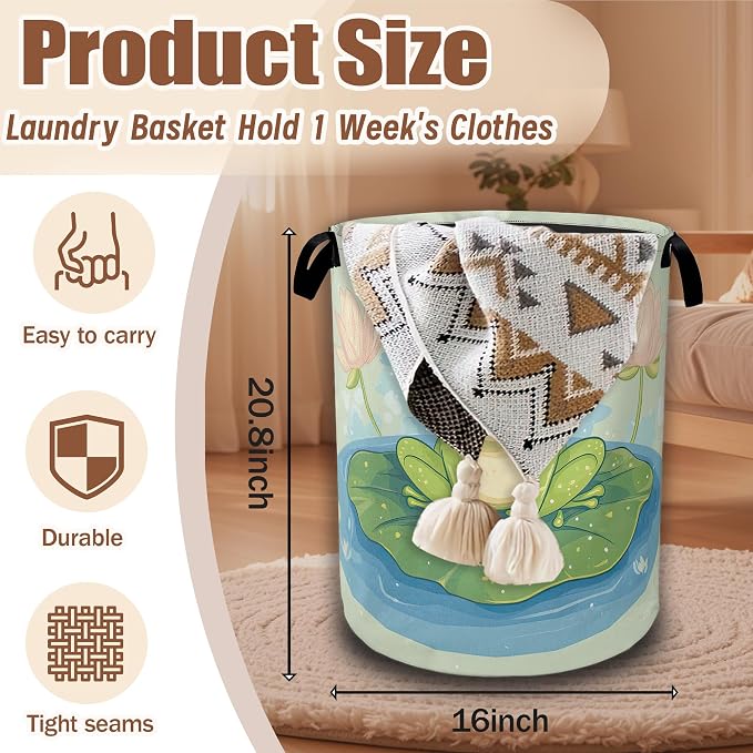 Laundry Hamper,Cute Green Frog Collapsible Laundry Baskets Waterproof Oxford Cloth With Handles,Clothes Storage Bucket Toy Organizer For Bathroom/Nursery/Bedroom 16" x 20.8"