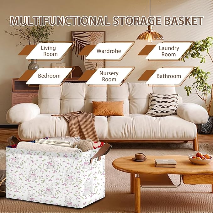 Spring Bunny & Floral Storage Basket Large 17x11.5x10.5 Inche-Collapsible Fabric Organizer Bin with Handles for Easter Decor, Garden Theme -Decorative Hamper with Rabbit and Flower Design-Single Pack