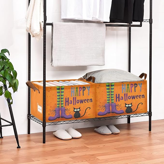 Happy Halloween Witch and Cat Storage Basket Foldable Cube Storage Bins with Handles&Label Waterproof Organizer Box Bin Large Rectangle Decorative Baskets for Shelves Home Room Laundry, 2 Pack