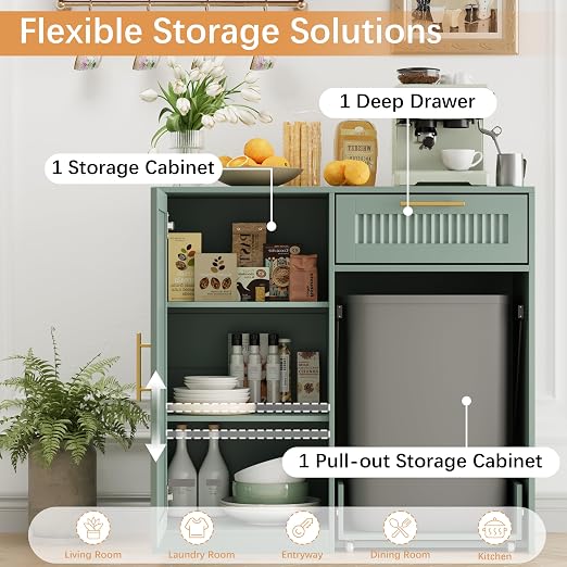 13 Gallons Pull Out Trash Can Cabinet with Storage, Green | Fluted Kitchen Trash Cabinet with Adjustable Shelf & Drawer, Hidden Wood Pet Proof Trash Can Holder for Laundry, Living Room