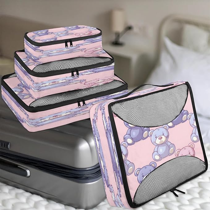 Packing Cubes for Travel, Teddy Bear Travel Luggage Packing Organizers for Women Men, Large Custom Toiletries Bag for Clothes Shoes, Cute Bear Dolls Print