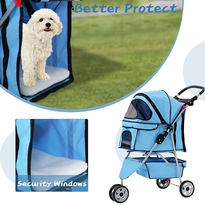 Dog Stroller With Storage Basket,3 Wheels Pet Stroller,Breathable Compact Portable Folding Carrier For Travel,Camping,Dog Carrier For Small Medium Dogs Or Cats,Lightweight Waterproof Pet Stroller,BLUE