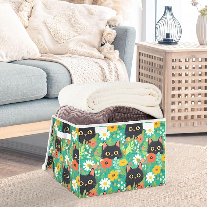 Cute Cat Fabric Fabric Storage Bins with Lid Closet Bedroom Storage | Foldable & Stackable, Flip Top Dust Guard, Reinforced Handles, Home & Bedroom, Clothes & Toys, Oxford Print Basket