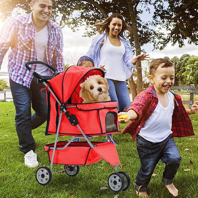 Redcat 3-Wheel Folding Dog & Cat Stroller - Waterproof, Cup Holder & Removable Liner, Medium & Small Pets