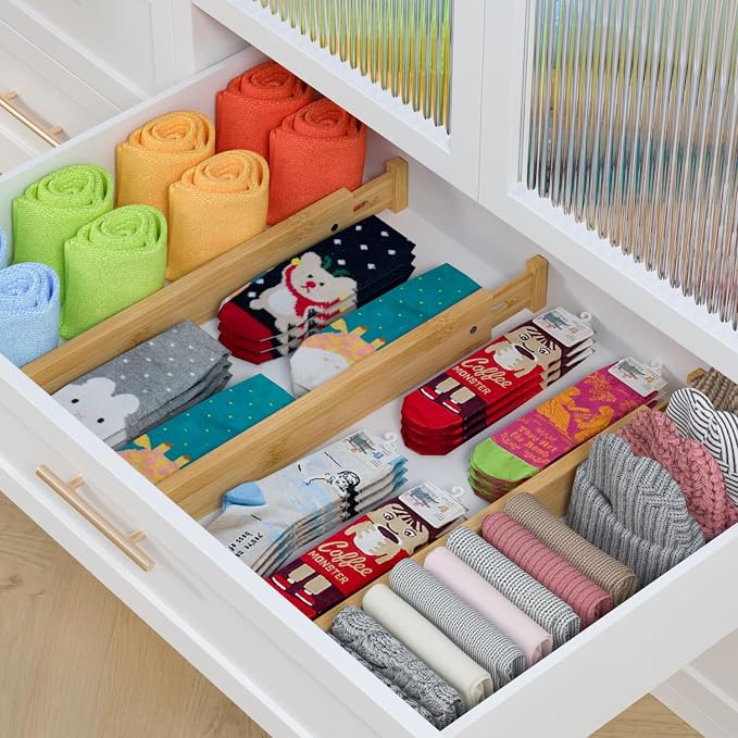 Bamboo Kitchen Drawer Divider 4 Pack,17-22" Adjustable Dresser Drawer Organizer for Bathroom,Bedroom,Natural,2.4 inch High