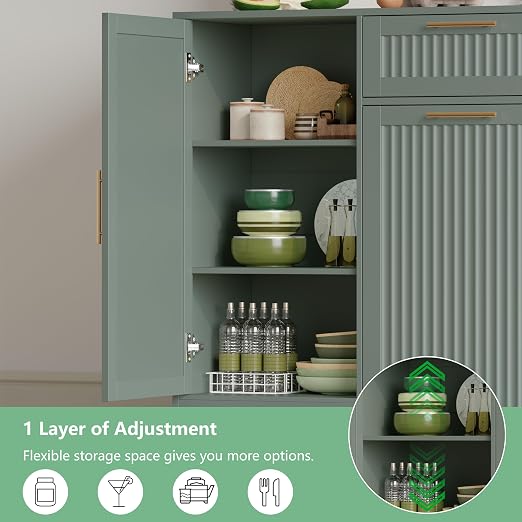 Single 13 Gallon Pull Out Trash Can Cabinet with Storage Cabinet,Green | Pet Proof Hidden Garbage Can Cabinet,3-Tier Shelves,Fluted Design,Extra Drawer Space,Kitchen & Dining Room Organization