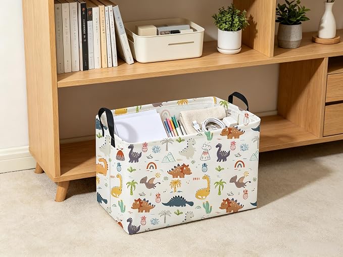 Sanjiaofeng Rectangular Dinosaur Basket,Baby Storage Bins with Handles,Dirty Clothes Basket,Kids Book bin,Dinosaurs Room Decor(Tropical Dinosaurs)