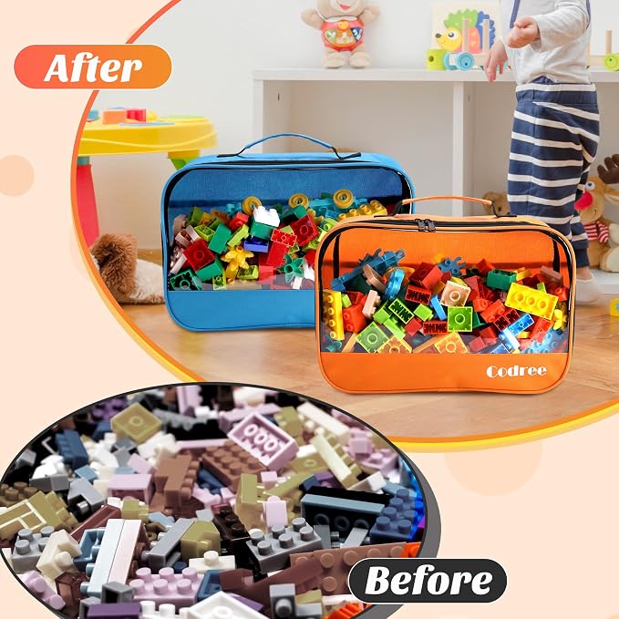 6 Pack Large Oxford Cloth Toy Storage Bags, Waterproof Travel Toy Storage | 13 x 8.5 x 3.9 Inch Visible Organizer Pouch with Zipper for Building Blocks Small Toys