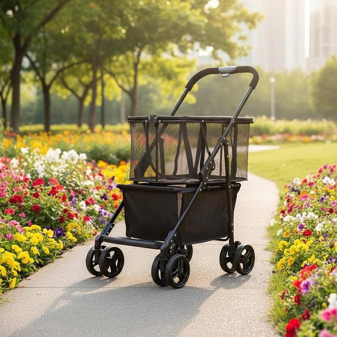 Generic Foldable Cart Utility Shopping Pet Carrier Rolling Trolley with Detachable Crate and Easy Steering Wheels Metal and Oxford Cloth Suitable, Black, Black, Two-Way Hand Cart