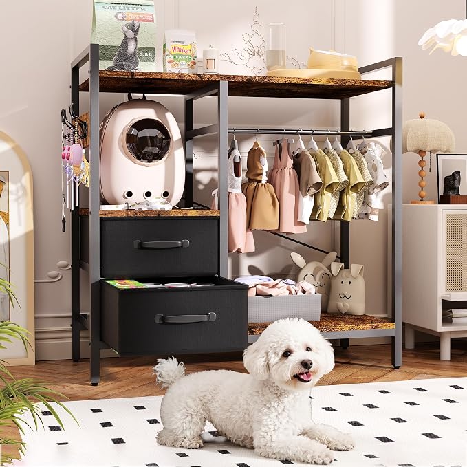 Pet Wardrobe Closet with 2 Drawers & 4 Hooks, Freestanding Pet Clothes Storage Organizer with Hanging Rod, Metal Frame Storage Cabinet for Dogs Cats