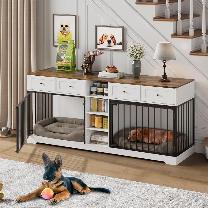 Dog Crate Furniture for 2 Dogs, Double Dog Crate TV Stand, White | 82" Large Dog Kennel Indoor with 4 Storage Drawers and 4 Shelves, Suitable for Small, Medium and Large Dogs
