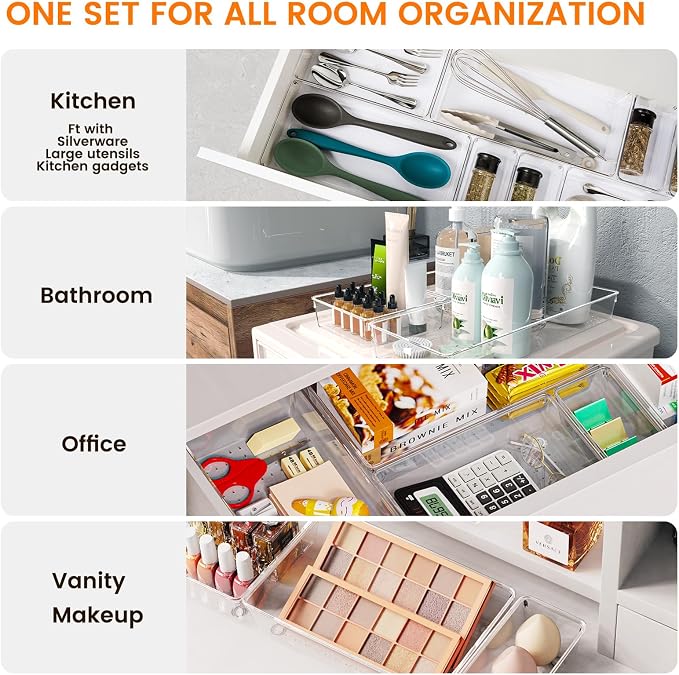 30 Pack Large Clear Plastic Drawer Organizer Bins - Acrylic Kitchen Drawer Organization and Storage Dividers for Utensils Gadgets, Office Bathroom and Vanity Organizer for Makeup Accessoires