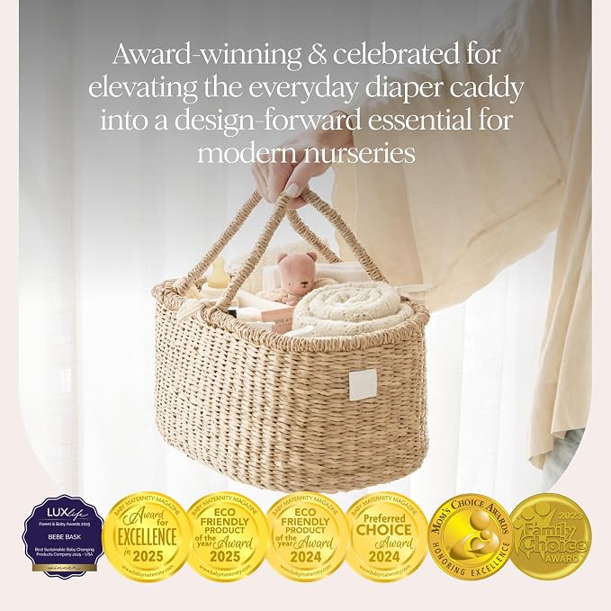 BEBE BASK Premium Baby Diaper Caddy Organizer Basket with Cotton Divider | Handmade & Award-Winner, Seagrass Caddy Basket, Newborn Essentials, Nursery Basket, Removable Divider, Baby Shower (ROSA)