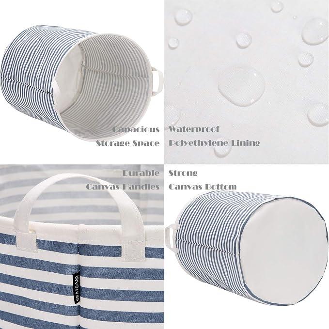 Sea Team Large Canvas Laundry Basket with Handles, Blue Stripes | Collapsible Fabric Laundry Hamper, Closet Shelf Organizers, Containers for Clothing, Blankets, Toys, Bedding, 19.7 x 15.7”