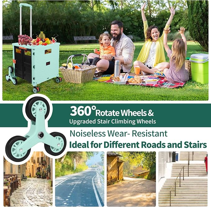 Foldable Utility Cart Collapsible Crate Rolling Carts with Stair Climbing Wheels Rolling Tote Basket Teacher Cart with Lid Wear-Resistant 360°Rotate Wheel Noiseless for Shopping Grocery Office