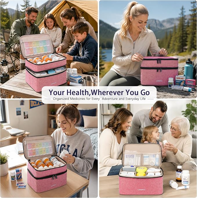 Lexeeco Dual Layers Medicine Pill Bottle Organizer Bag with Lockable Zipper | Portable Medication Bag for Pills,Vitamins,Fish Oil,Medicine Storage Box for College Dorm Student,Home,Large Travel Pill Case