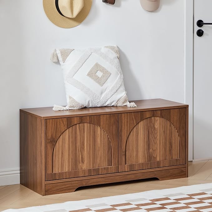 BERRYMERRY 39.4" Fluted Walnut Shoe Storage Bench for Entryway | Arched Door,Entryway,End of Bed,Shoe Cabinet,Adjustable Shelf,Bedroom,Brown,Mid Century Modern
