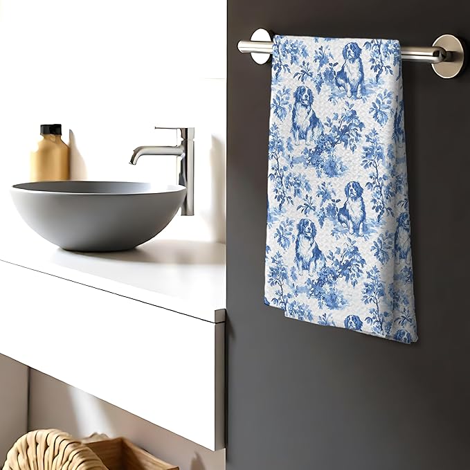 Chinoiserie Bernese Mountain Dog Kitchen Towels, Bernese Mountain Dog Gifts Grandmillennial Botanical Hand Towels for Kitchen Bathroom, 16x24 Inch