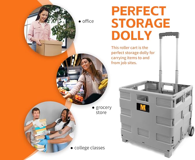 MaxWorks Collapsible Rolling Utility Cart with Lid 80 lb Capacity Folding Dolly with Telescoping Handle Heavy Duty Plastic Crate on Wheels for Shopping Office and Teachers (50876)