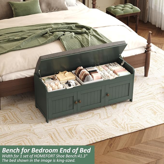 HOMEFORT 41.3" Shoe Bench with Lift Top Storage, Entryway Bench with Cushioned Seat, Wooden End of Bed Bench, Shoe Cabinet Bench with Hidden Storage Space, for Bedroom, Hallway,Green