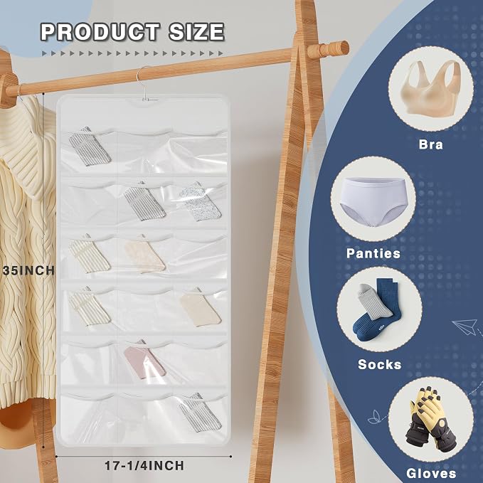 26-Pocket Hanging Closet Organizer for Socks and Underwear, White | Non-woven clear compartments keep bras & leggings visible; swivel hook fits wardrobe, closet rod, wall, door or shelves.