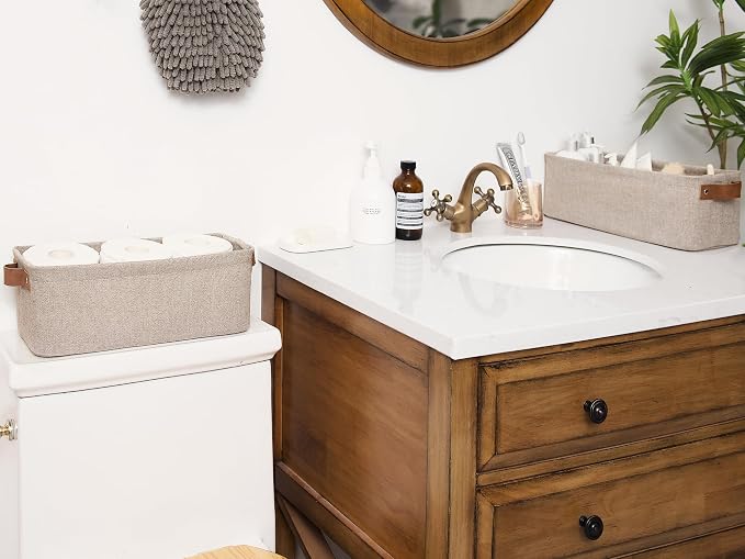 StorageWorks Narrow Storage Bins, Long Baskets, Brown and Beige, 2-Pack | With Metal Frame, Sturdy Structure, Reinforced PU Handles, Toilet Paper Storage, Small Baskets for Bathroom, Closet, Shelf