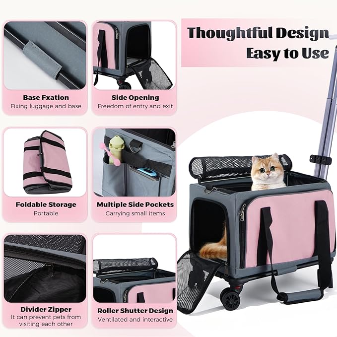 3-Sided Expandable Rolling Pet Carrier with Wheels, Small Cat Dog Travel Carrier, Foldable Portable Bag Grey Pink for Travel Camping Vet Outdoor Indoor Use