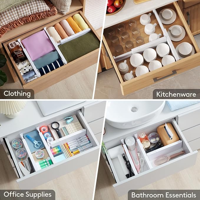 Lifewit 6 Pack Drawer Dividers for Clothes, 10.9-16" Adjustable Drawer Organizers, 4" High Plastic Expandable Drawer Separators in Bedroom/Office/Bathroom/Kitchen Storage, White | 6 Pack 11"-17" Expandable White Plastic Drawer Separator for Dresser, Ki...