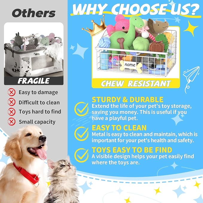 Kaiferty Indestructible Dog Toy basket, Small Toy Box for Dogs, Pet Toy Bin Dog Metal Basket for Toys, Dog Toy Storage, Dog Storage Organizer, Cat Dog Toy Box for Living Room Area (White)
