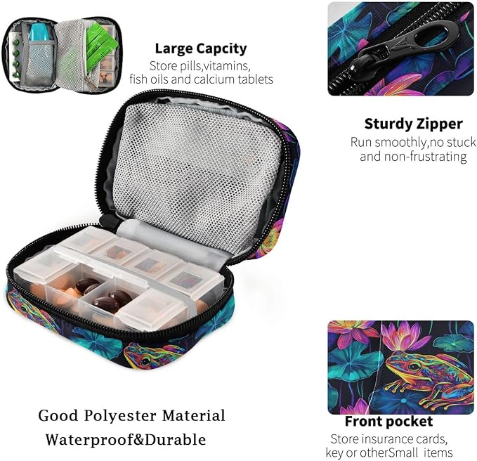 Fustylead Neon Frog and Lily Pads on Black Background Travel Pill Organizer Bag with Zipper Small Pill Box 7 Day Pill Case for Purse Storage Weekly Vitamin Medicine Supplement