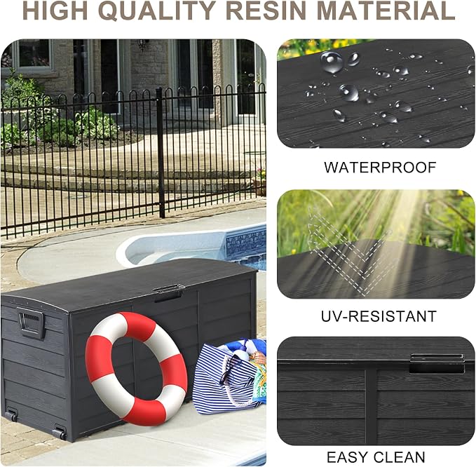 75 Gallon Black Outdoor Storage Box with Wheels, Waterproof Resin Deck Box for Patio Cushions & Garden Tools, Rolling Garden Storage Bin, Weather Resistant Trunk