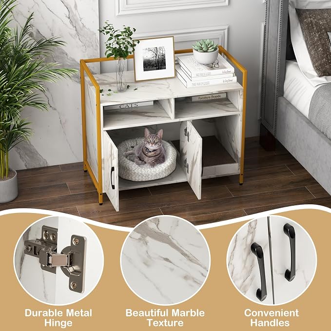 Giantex Cat Litter Box Enclosure - Cat Washroom Hidden Furniture with Front Entry, Scratcher, 2-Door Storage Cabinet, 2 Compartments, Air Vents, Metal Frame, Wooden Pet Crate House (Marble White)