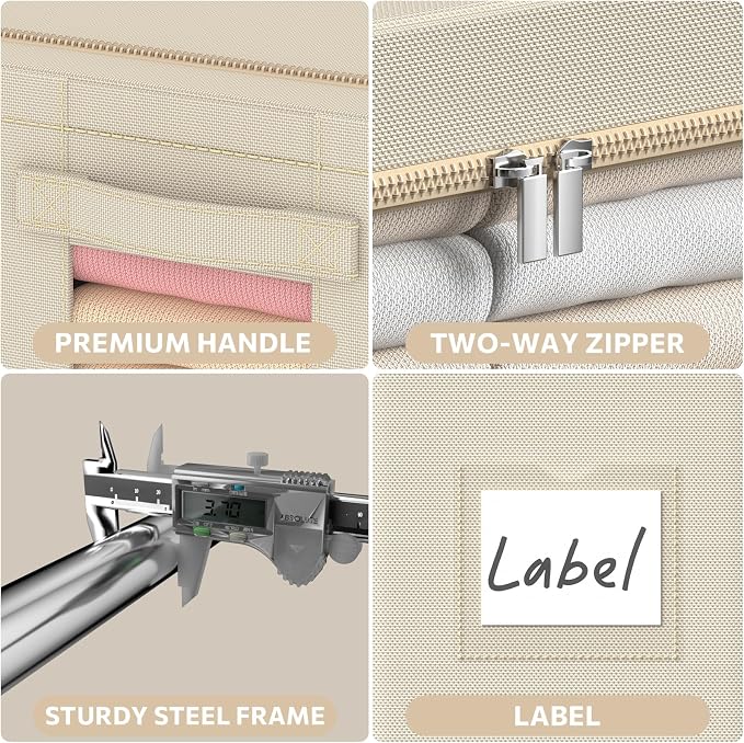 CYhom 3Pack Frame Storage Box - Clothes Storage Bin Bags Oxford Fabric Foldable Stackable Container Organizer Set with Clear Window & Carry Handles Large Capacity (Beige, Extra Large-100L)