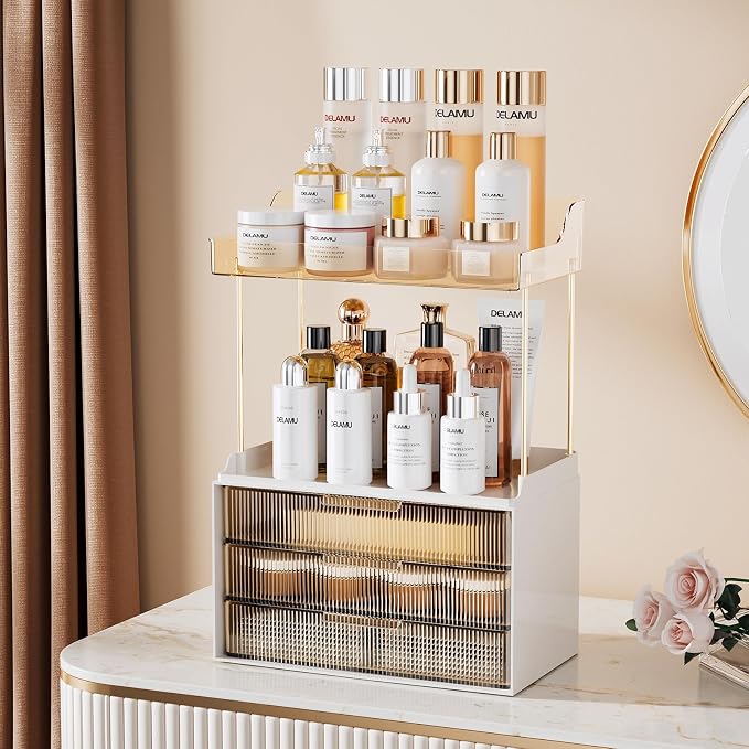 Delamu 5-Tier Makeup Organizer, Bathroom Counter Storage, 3 Drawers, Amber | Elegant Vanity Organizer Gift for Women, Holds Perfume, Skincare, Nail Polish & Hair Accessories for Bathroom Countertop