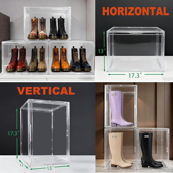 5 Pack XXX-Large Tall BootOrganizer, 17.3x13x13'' Acrylic Display Case | Wide Magnetic Door,Crystal Clear,Stackable Extra Large Dustproof Showcase for Cowboy Boots,Helmet,Hangbags,Tote,Collectibles