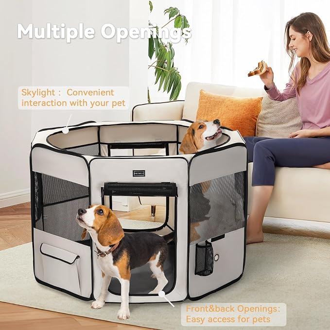 PETSFIT 45.5" Dog Playpen with Dual Zipper Doors –Sturdy Foldable Pet Playpen for Large & Medium Dogs with Removable Mesh Top and Leakproof Bottom