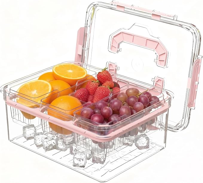 VECELO Ice‑Chilled Serving Tray with 3 Removable Draining Compartments, Cold Food Platter for Party Picnic Buffet,Pink