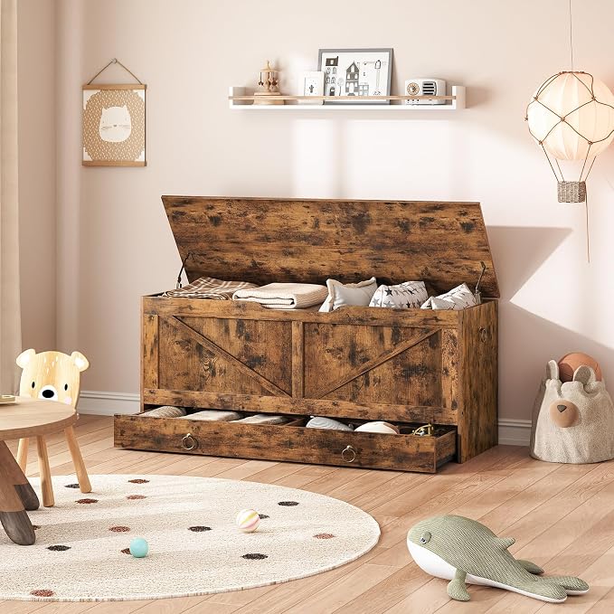 HOOBRO Storage Chest, 43.3" Toy Chest with Drawer, Wooden Storage Bench, Sturdy Entryway Bench Supports 220 lb, Shoe Bench, Safety Hinge, U-Shaped Opening, Easy Assembly, Rustic Brown FG711CW01G2