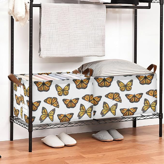 Watercolor Monarch Butterfly Storage Basket Foldable Cube Storage Bins with Handles&Label Waterproof Collapsible Organizer Box Bin Large Rectangle Decorative Baskets for Shelves Home Room Laundry