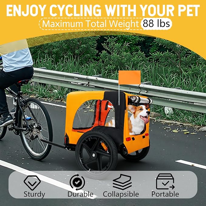 KEIKI Dog Bike Trailer with Built-in Leash, Pet Stroller Cart Bicycle Carrier, Easy Folding Cart Frame with Front Caster & 16" All-Terrain Wheels & Universal Hitch, Supports up to 66 lbs
