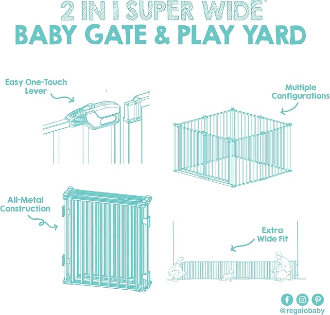 Regalo Safety 24"-192" Metal Double Door Baby Gate & Play Yard | Adjustable Playpen, For Doorways & Open Spaces, For Babies, Toddlers & Pets, White, Tested & Trusted for 30 Years