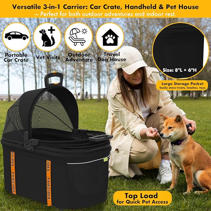 PAWZIDEA Portable Small Dog Crate for Car Travel Up to 33lbs, No-Zip Canopy | Enclosed Dog Car Seat Escape-Proof, Soft-Sided Small Medium Puppy Cats Car Kennel, Foldable Pet Carrier by Seatbelt, Top-Load
