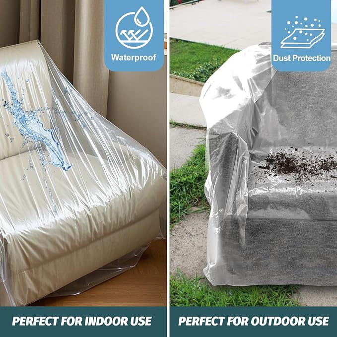 4 Pack Clear Plastic Moving Chair Furniture Covers for Storage | Extra Large 65x 42 x 34 Inch, Waterproof and Dust Proof With Label For Storage and Moving
