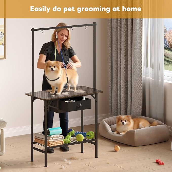Dog Grooming Table with Drawers and Mesh Tray,32 Inch Adjustable Pet Grooming Table with Non-slip Removable Washable Mat and EVA Protective Lanyard ,Professional Grooming Table for small Dogs at Home