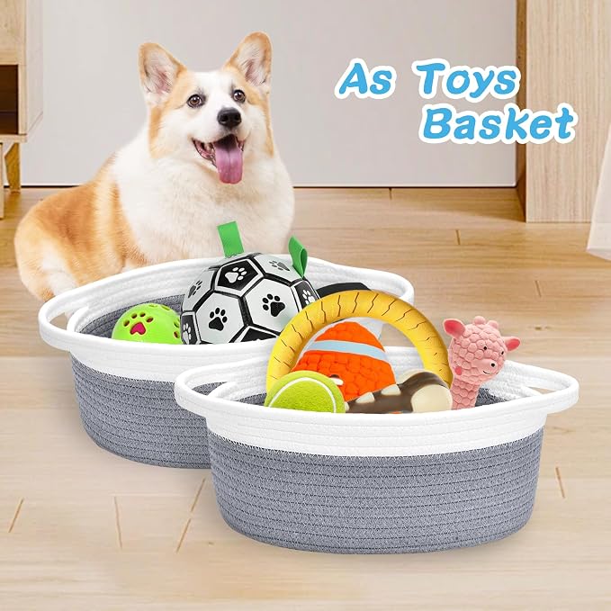 ABenkle Small Basket Empty Gift Basket, Decorative Boho Rope Woven Nursery Storage Organizer Dog Toy Baskets for Baby Showers Christmas Easter with Gift Bags and Ribbons, 12"X 8" X 5"