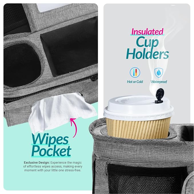 Swanoo Stroller Caddy Organizer, Cup Holder, Wipes Pocket, Non-Slip, Grey